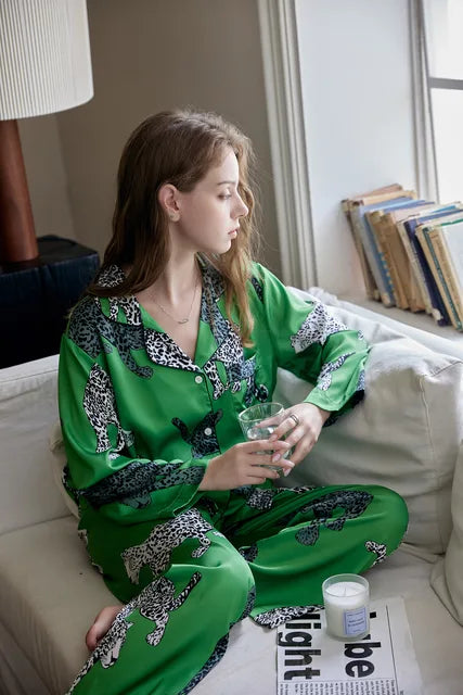 Green Leopard Print Sleepwear Set