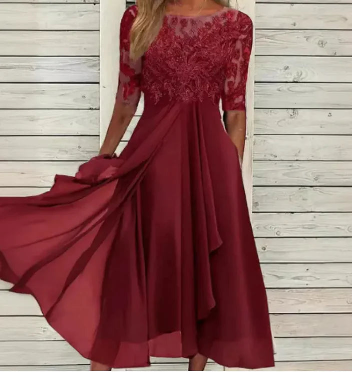 Chiffon Stitching Lace Hollow-out Dress