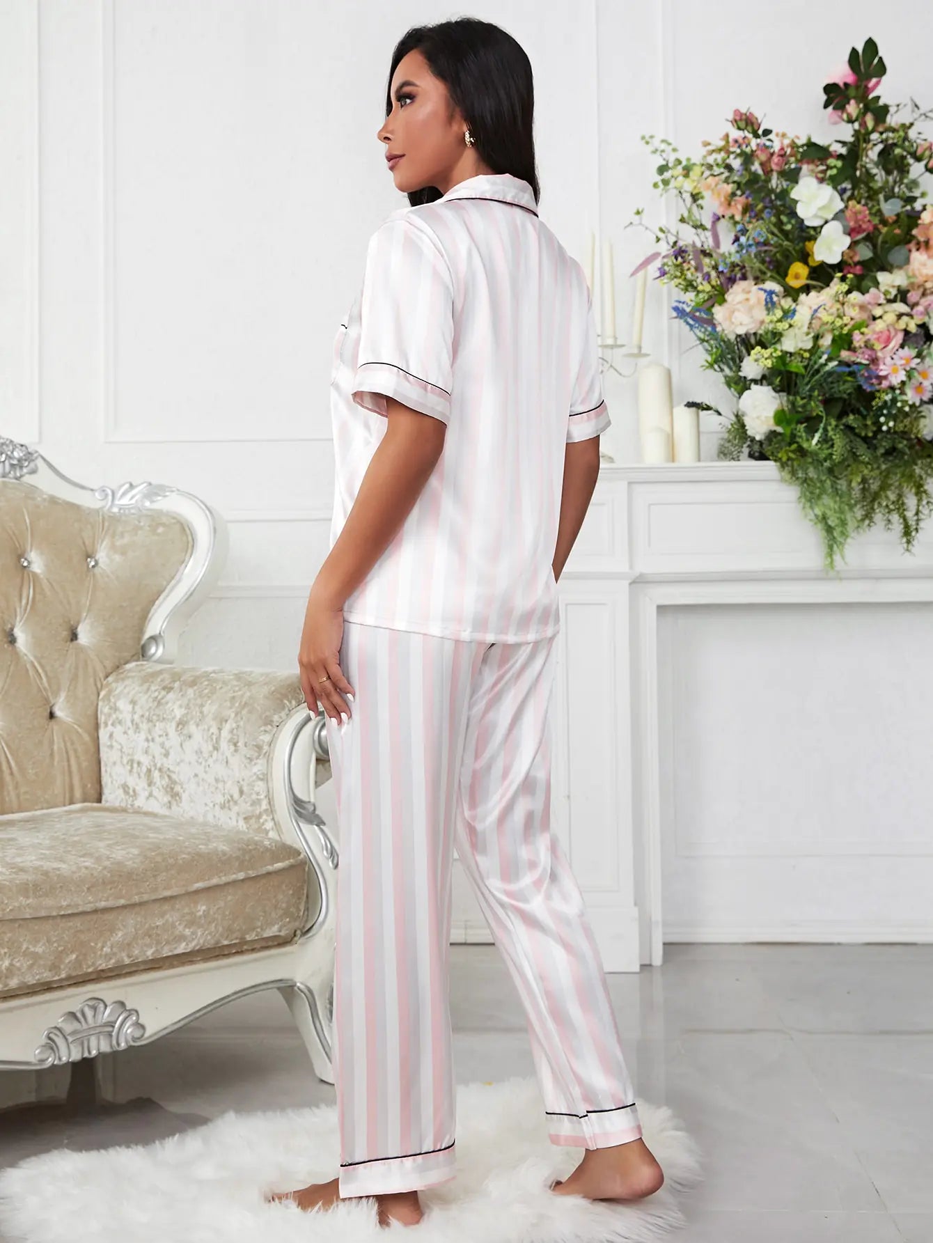 Pink Striped Silky Pajama Set